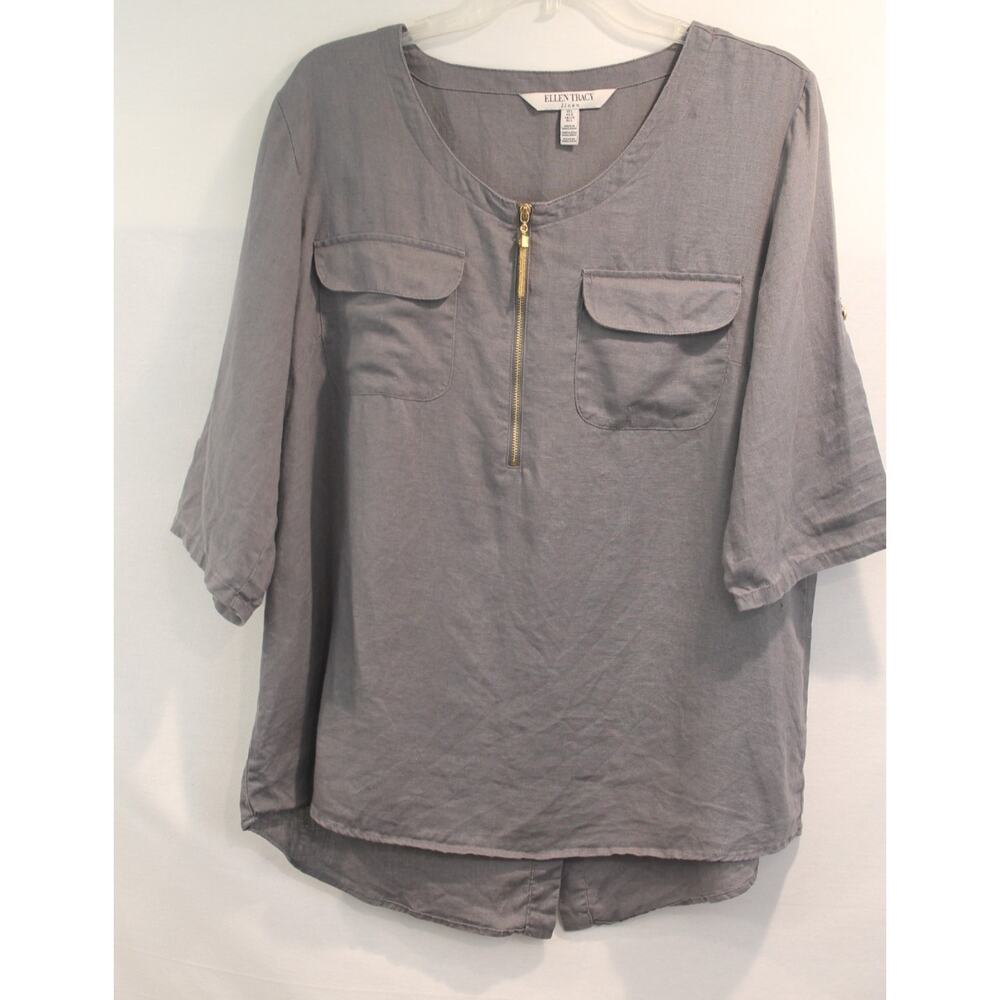 Ellen Tracy Linen Top Womens L Gray Gold Zipper Patch Pockets Roll Tab Sleeves